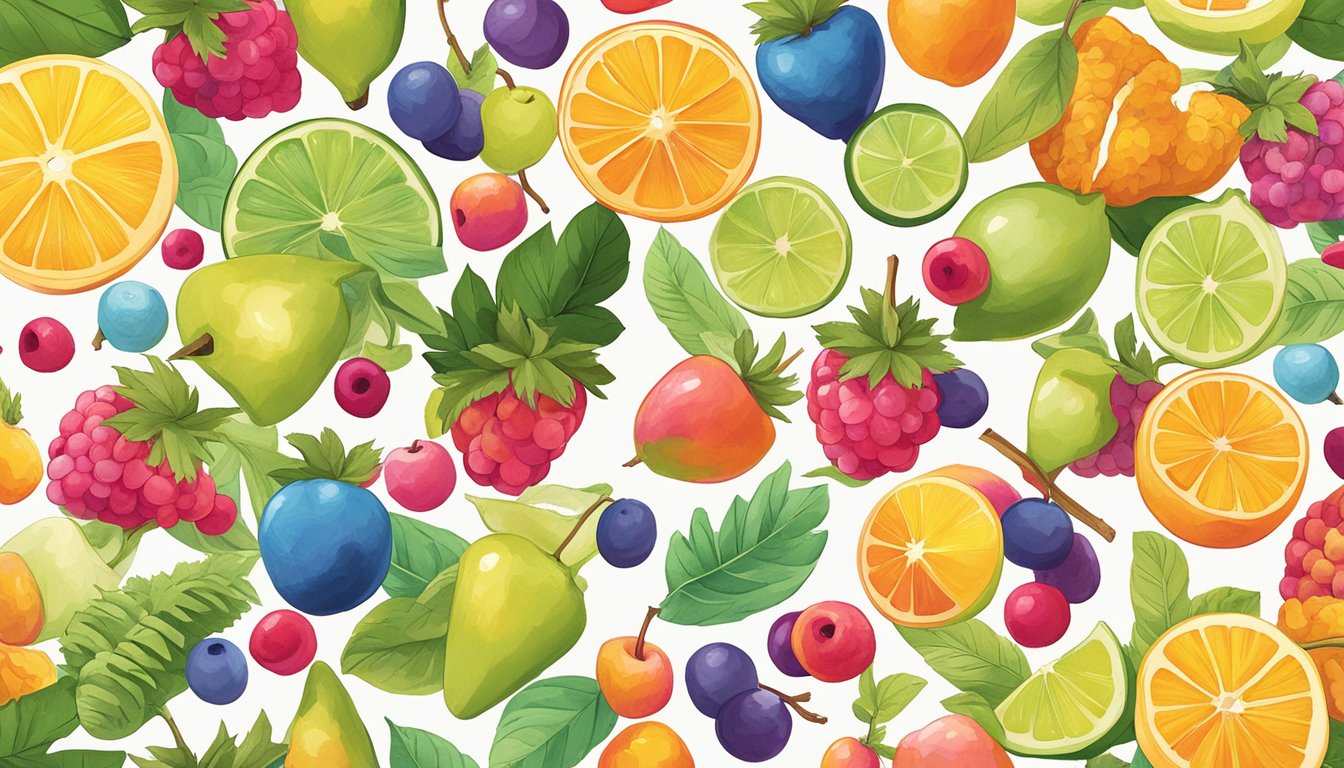 A colorful assortment of Whistle Pops scattered on a table, surrounded by vibrant fruit and plant illustrations