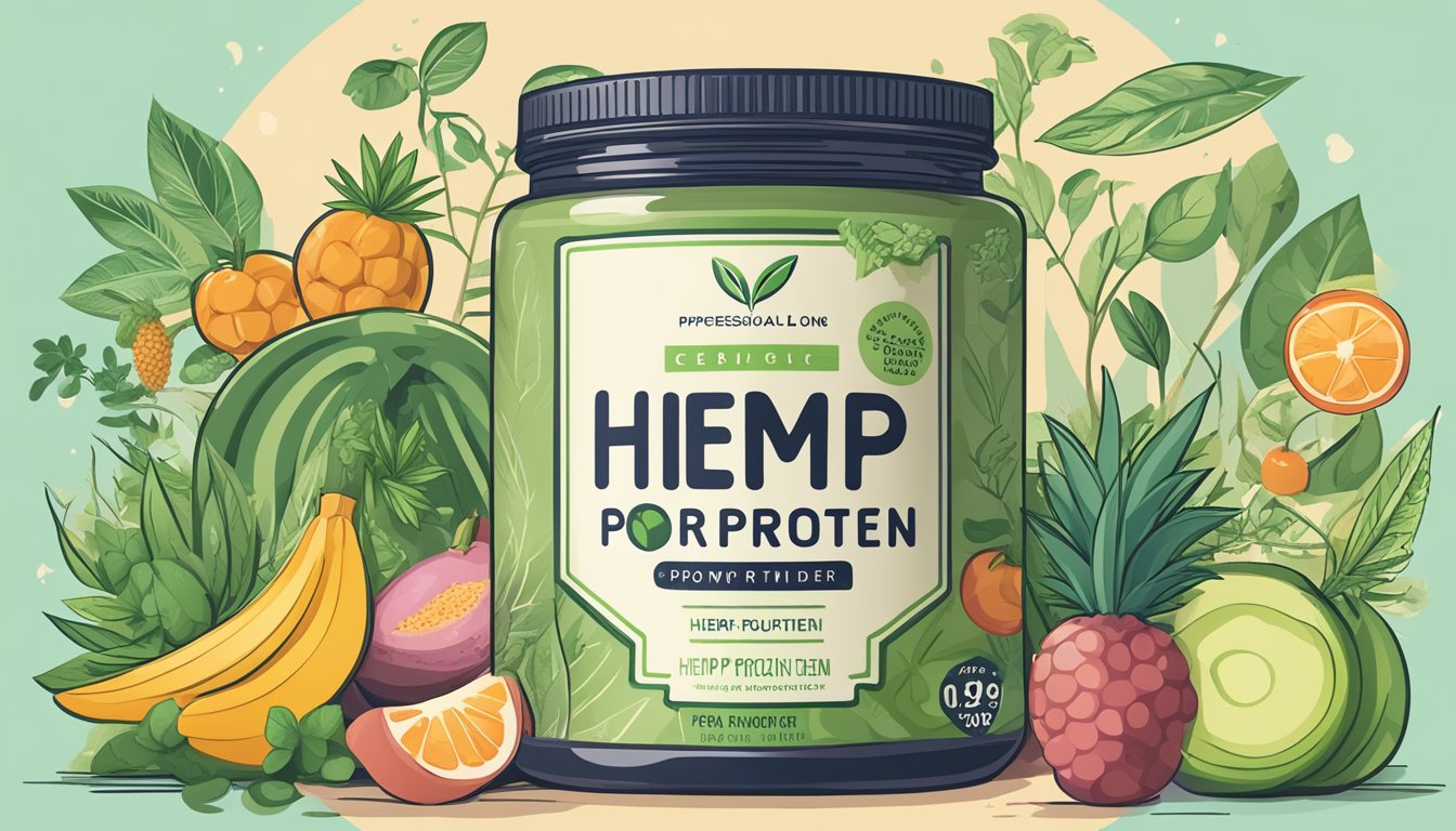 A jar of hemp protein powder surrounded by various plant-based ingredients like fruits and vegetables, with a vegan symbol displayed prominently on the packaging