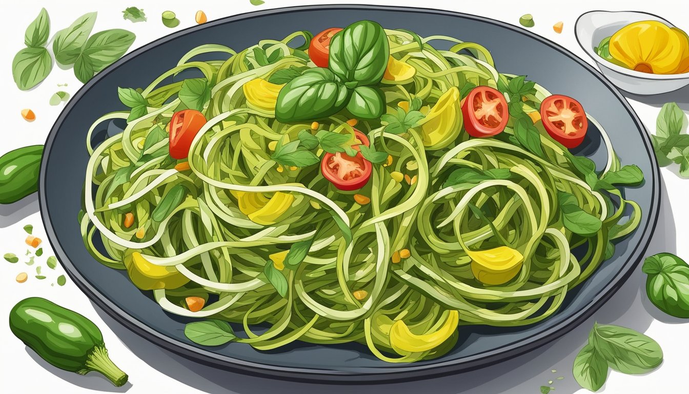 A colorful plate of zucchini noodles topped with pesto, surrounded by vibrant vegetables and herbs