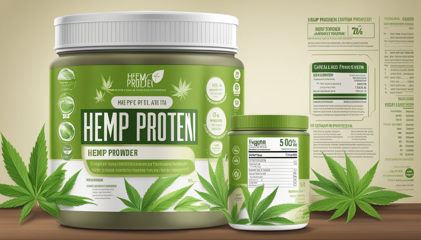 A jar of hemp protein powder with a vegan label and nutritional information panel