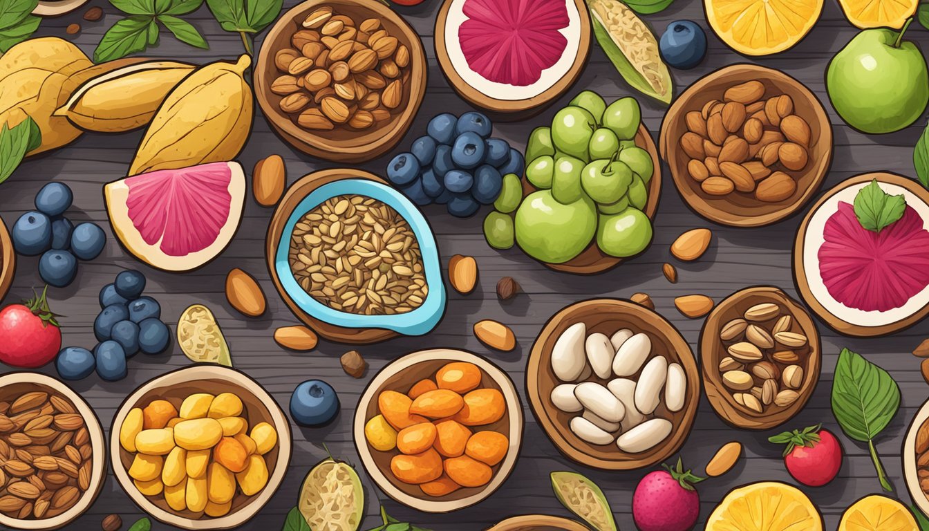 A colorful assortment of vegan snacks, including fresh fruits, nuts, and seeds, arranged on a wooden table alongside a pile of discarded whistle pops