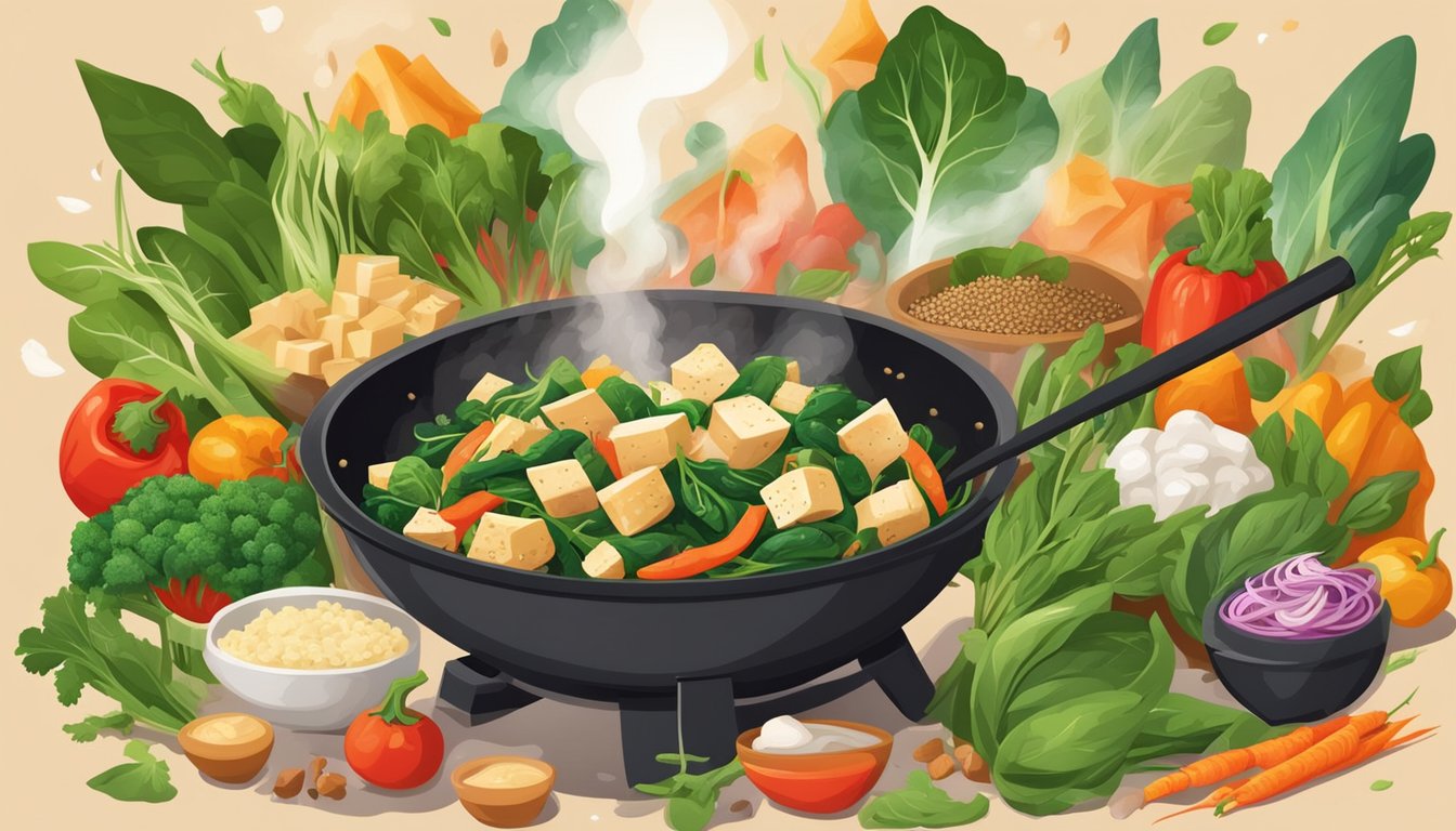 A sizzling wok cooks a vibrant mix of spinach and tofu, surrounded by colorful vegetables and aromatic spices