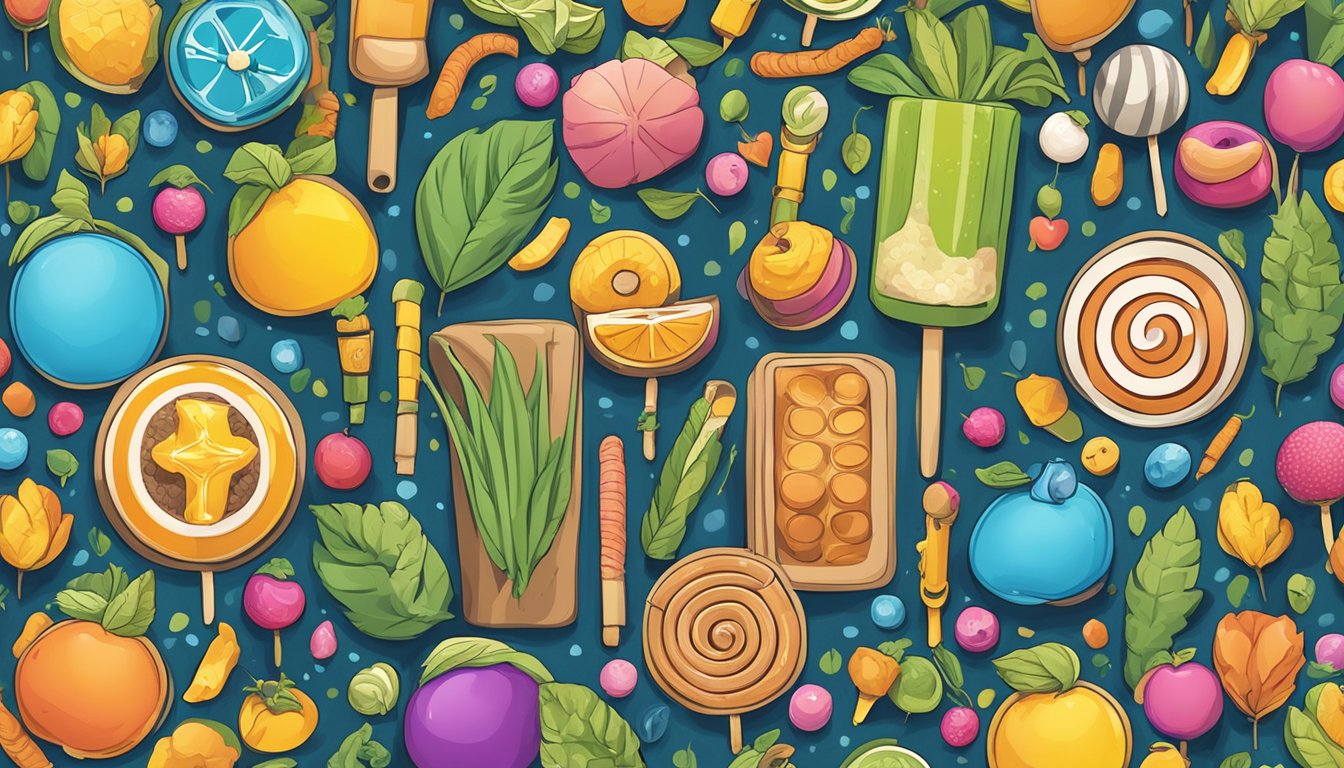 A colorful display of whistle pops surrounded by various vegan symbols and icons