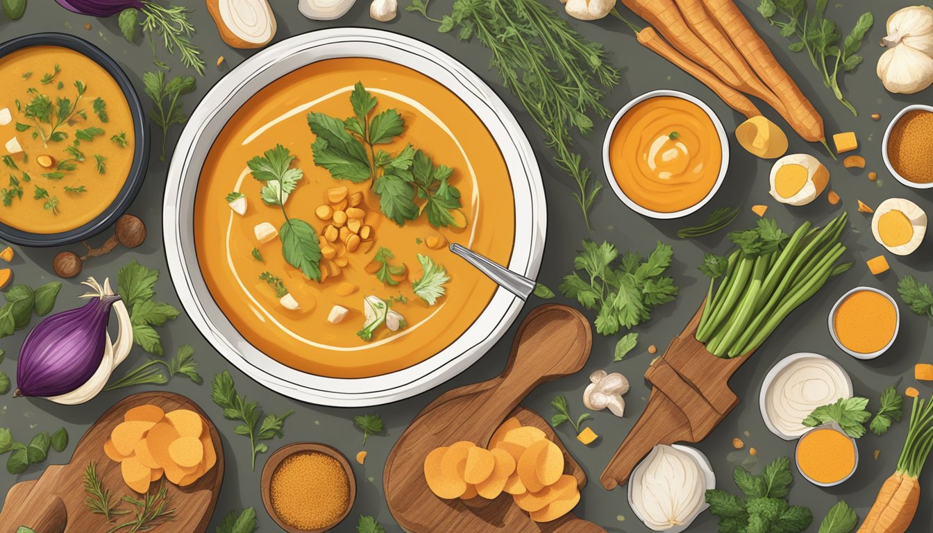 A steaming bowl of butternut squash soup surrounded by fresh ingredients like herbs and vegetables, with a warm, inviting glow from the soup