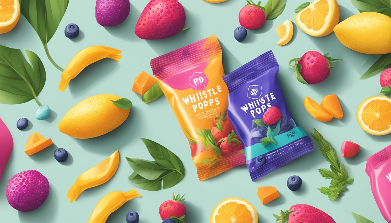 A colorful, eye-catching display of whistle pops surrounded by vibrant, plant-based ingredients and a sleek, modern packaging design