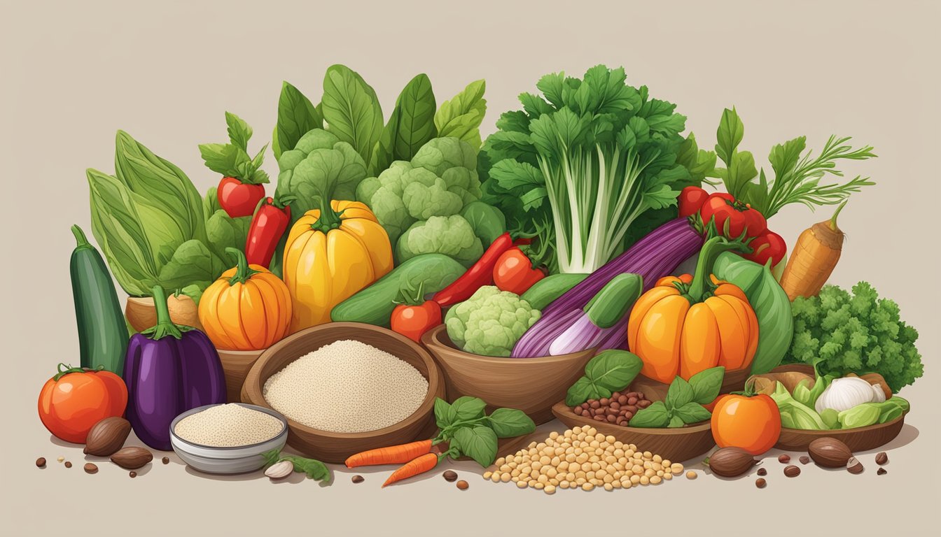 A colorful array of fresh vegetables, grains, and legumes arranged on a kitchen counter, surrounded by spices and herbs