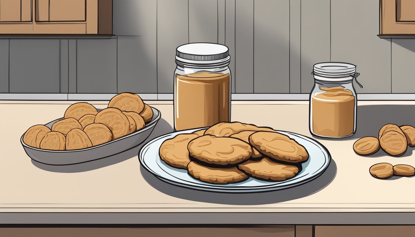 A kitchen counter with a plate of peanut butter cookies next to a jar of peanut butter and a container for storage