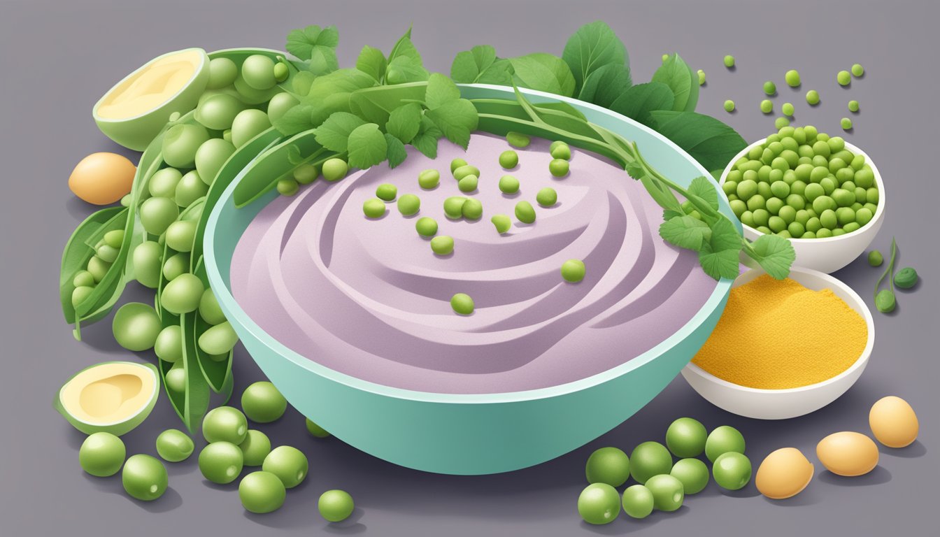 A bowl of pea protein powder surrounded by fresh peas and a variety of plant-based foods