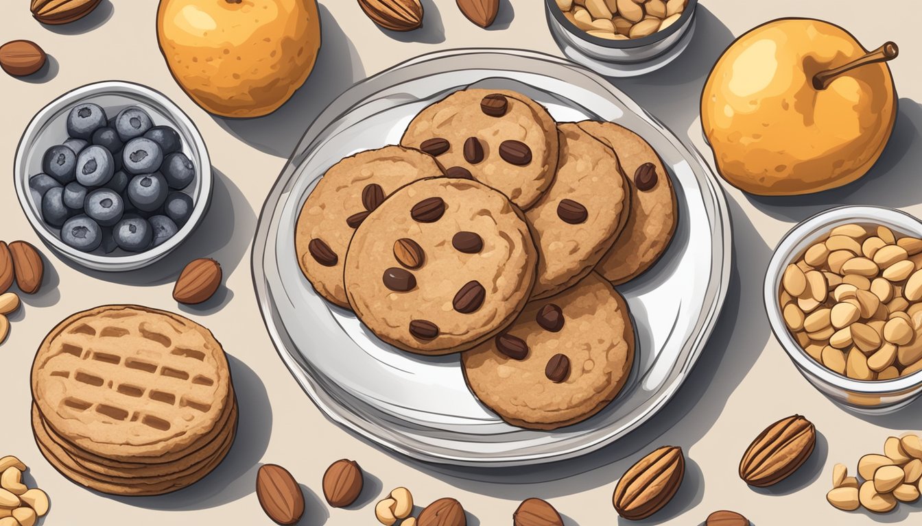 A plate of peanut butter cookies surrounded by various fruits and nuts, with a nutrition label and vegan certification displayed prominently