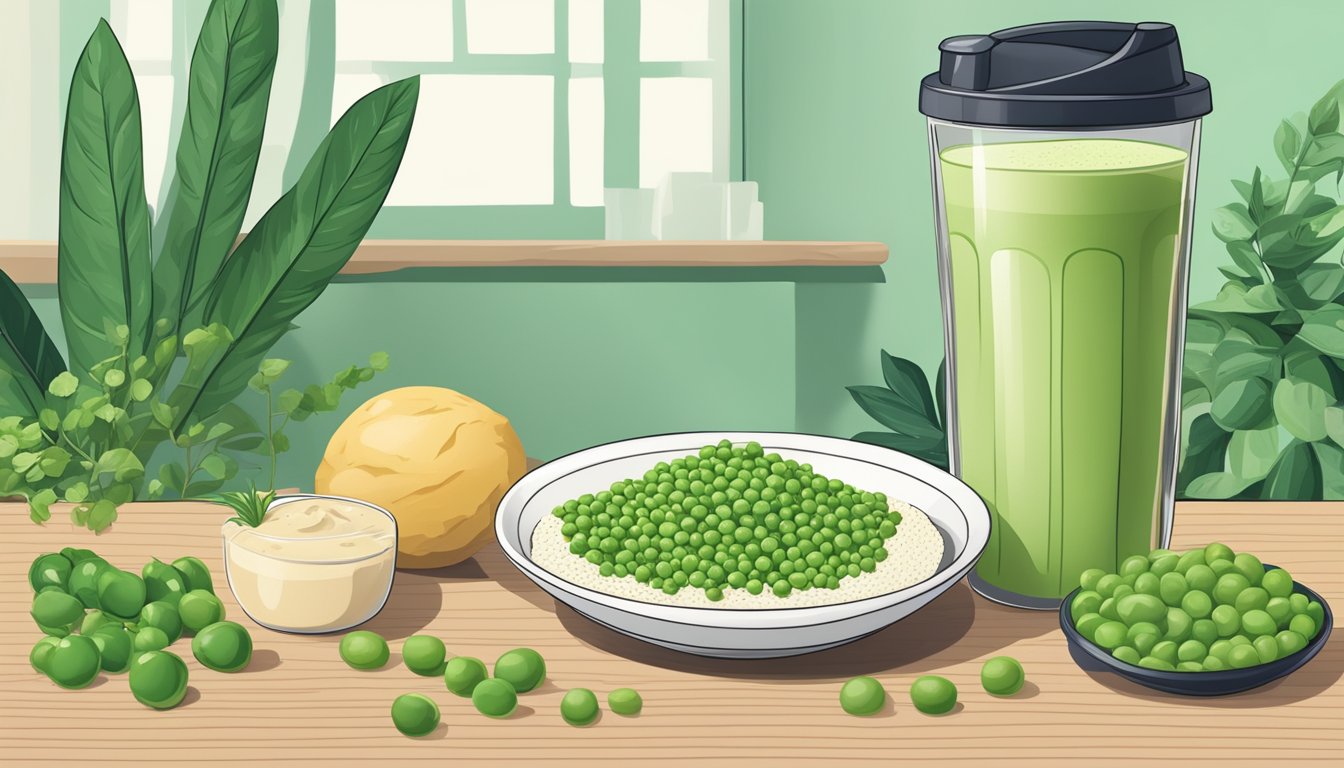 A bowl of pea protein isolate powder surrounded by plant-based foods and a vegan protein shake