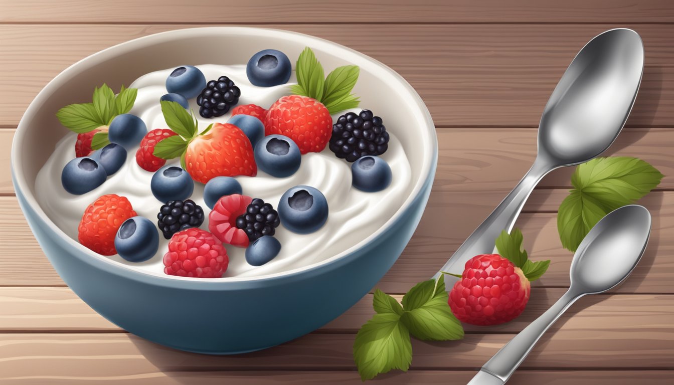 A bowl of Greek yogurt topped with fresh berries on a wooden table