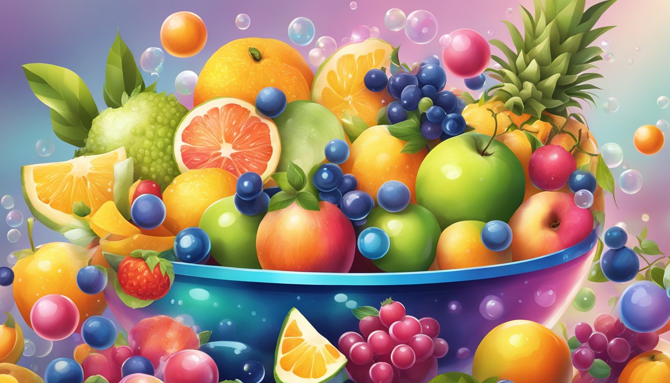 A colorful bowl of assorted fruits surrounded by bubbles and fizz