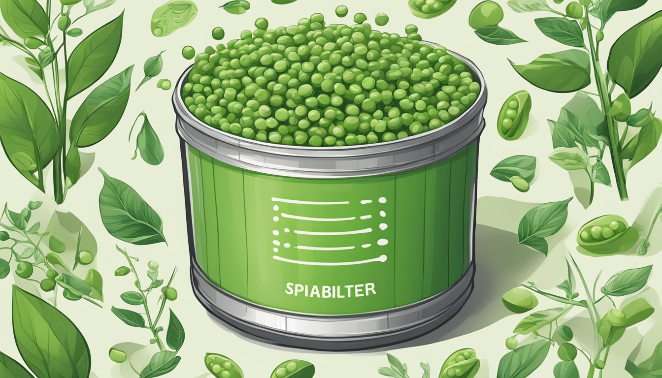 A lush green pea plant with tendrils wrapping around a sustainable biodegradable container of pea protein isolate, surrounded by symbols of ethical and environmental responsibility