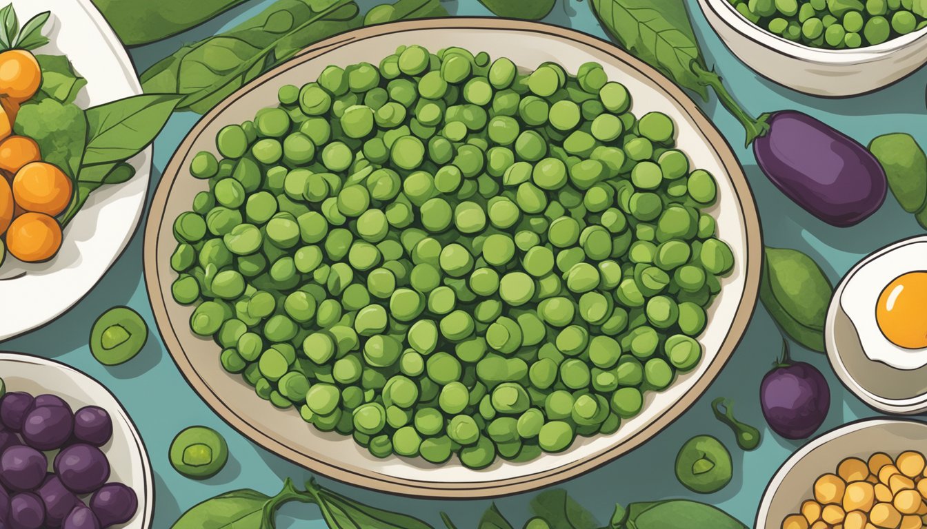 A bowl of fresh peas surrounded by plant-based foods and a "vegan" label