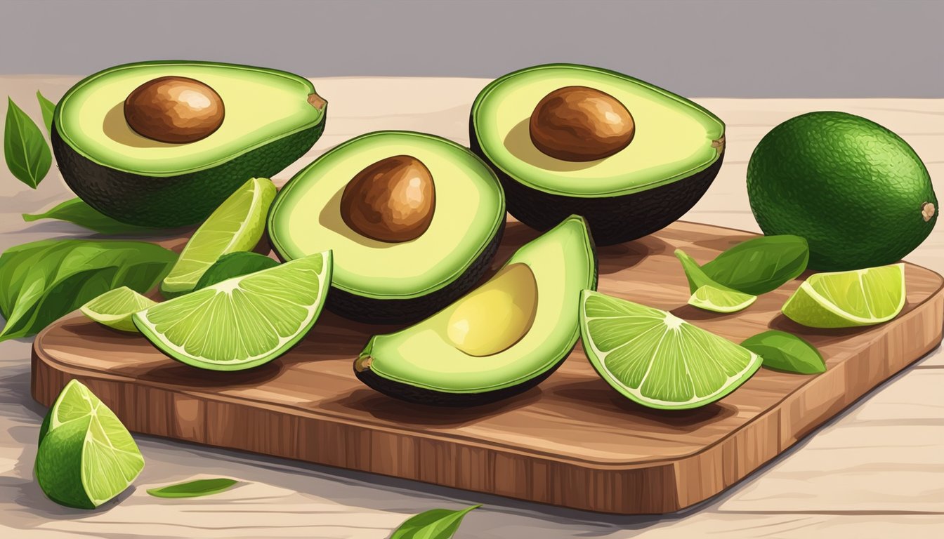 Fresh avocado slices arranged with lime wedges on a wooden cutting board