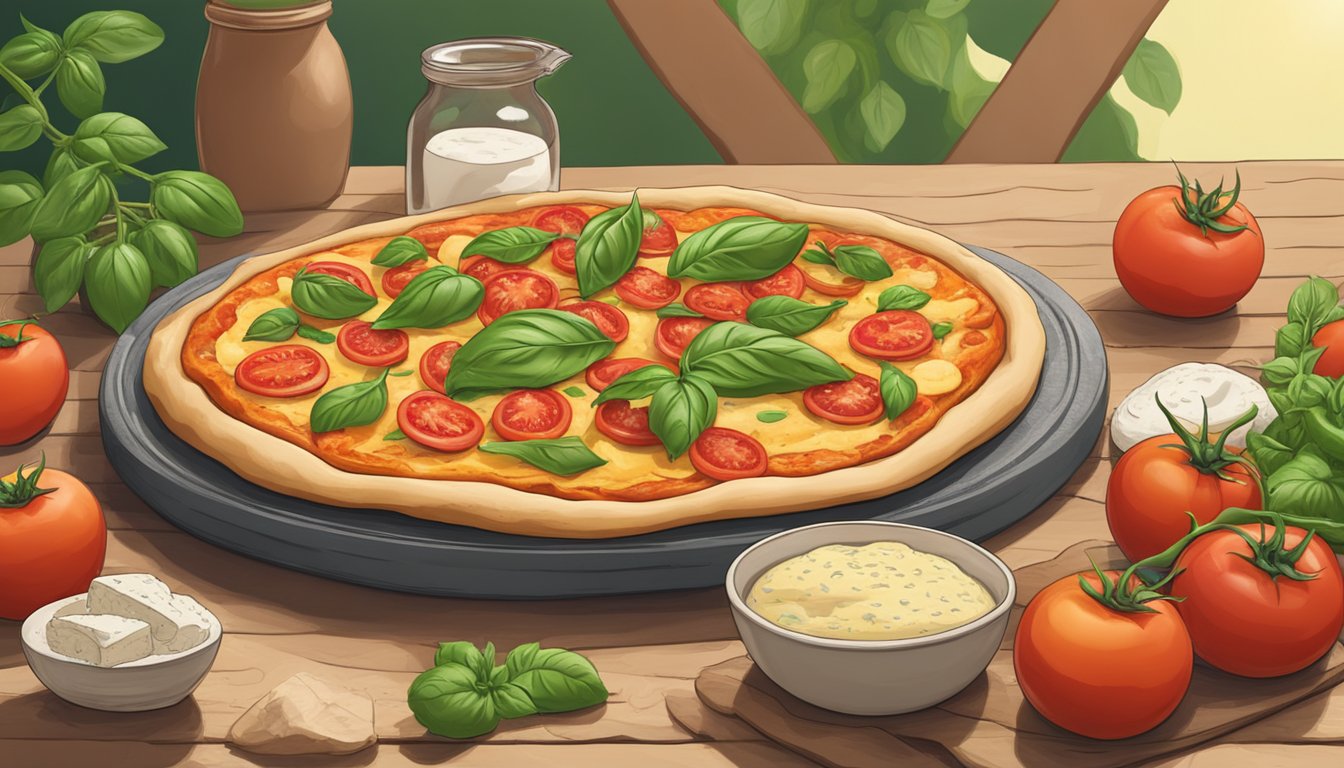 A table with fresh tomatoes, basil, and vegan cheese next to a mound of pizza dough