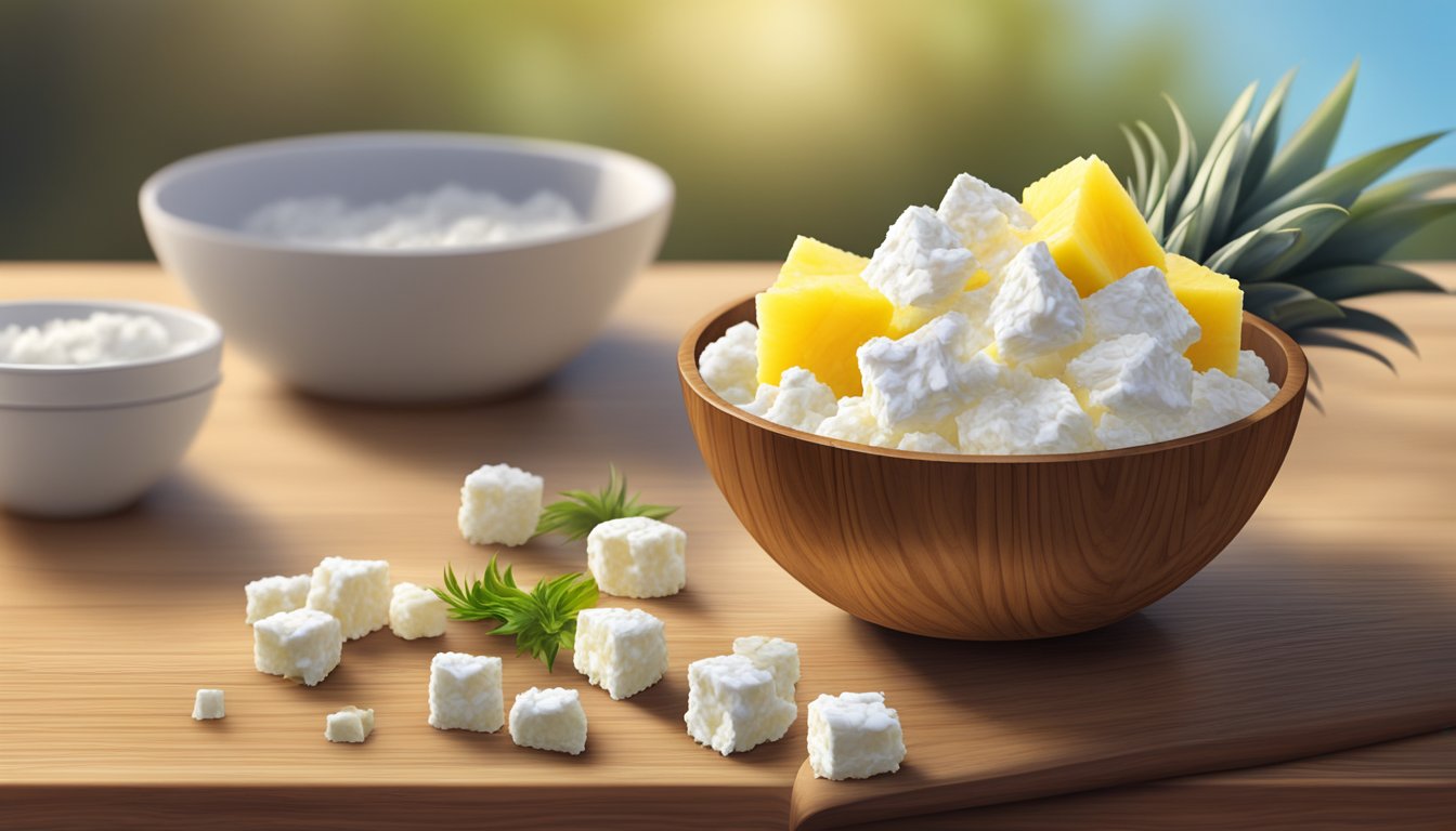 A bowl of cottage cheese topped with pineapple chunks on a wooden table