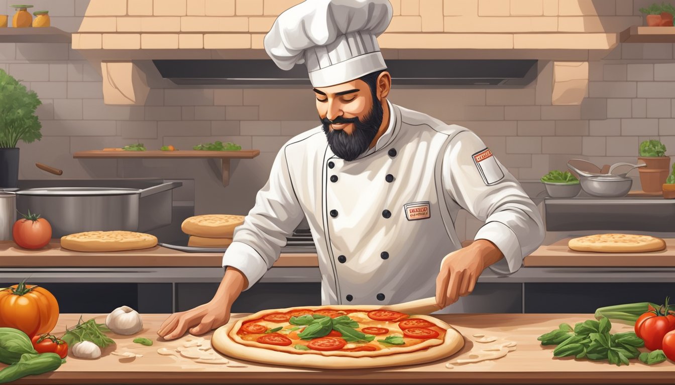 A chef kneads dough, spreads tomato sauce, adds vegan cheese and fresh vegetables onto a neapolitan pizza before sliding it into a wood-fired oven