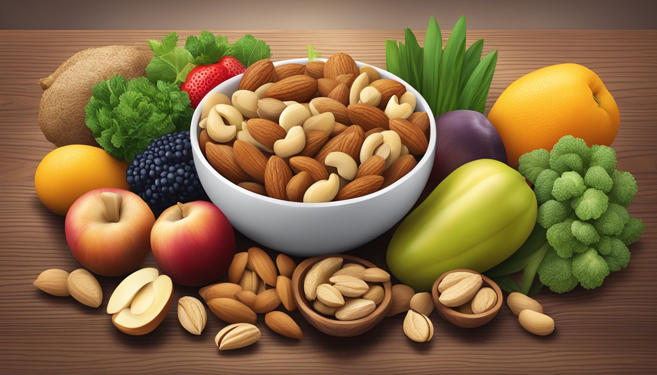 A bowl of mixed nuts surrounded by fresh fruits and vegetables on a wooden table