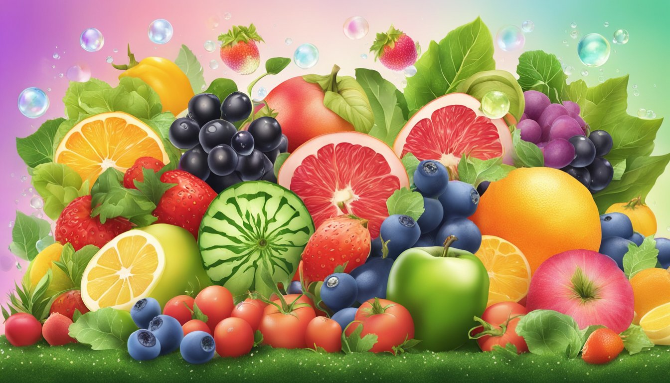 A colorful assortment of fruits and vegetables bursting with bubbles and fizz, surrounded by vibrant leaves and flowers