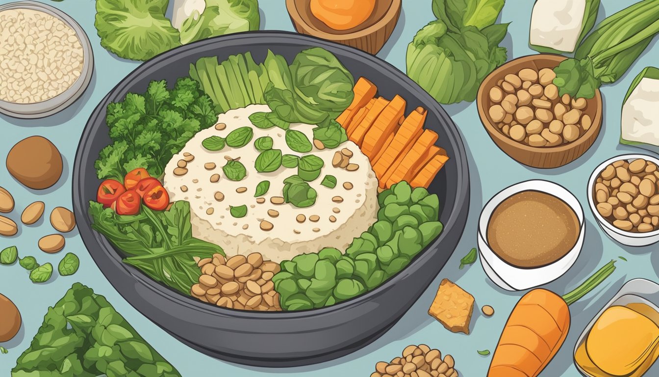 A bowl of soy protein isolate powder surrounded by various vegan food items like tofu, beans, and vegetables