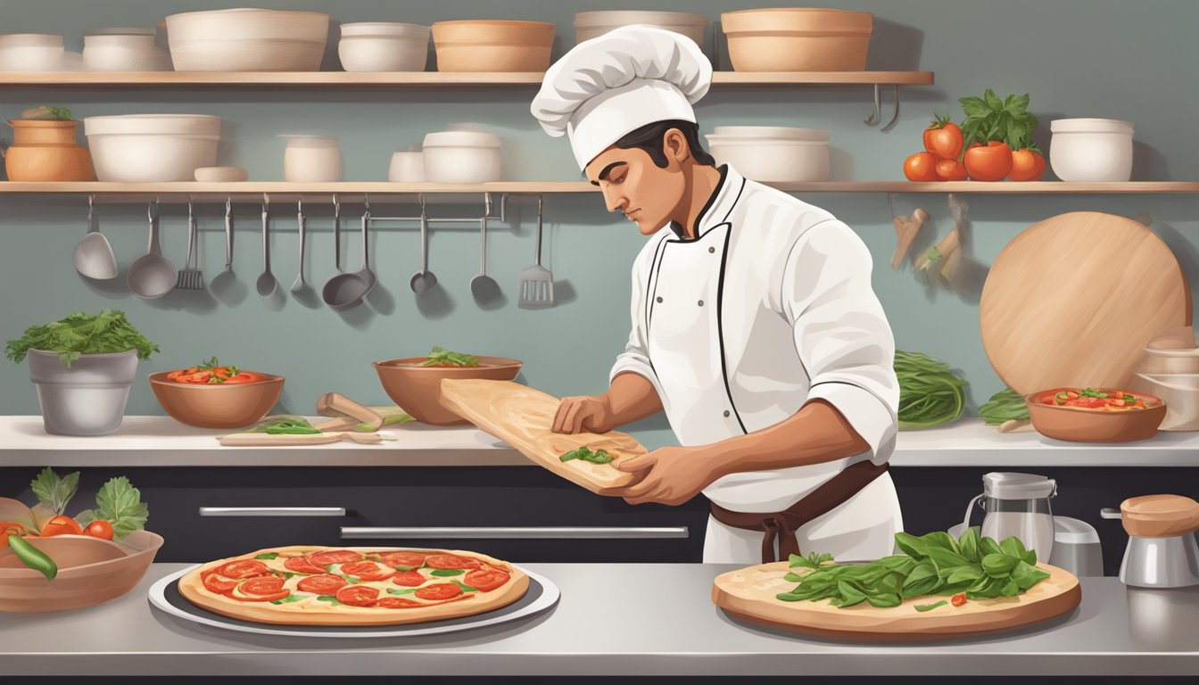 A chef prepares neapolitan pizza using vegan ingredients and traditional cooking equipment