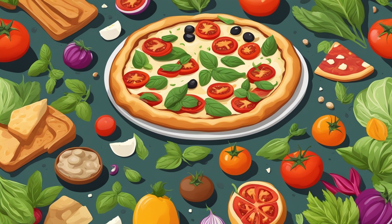 A table with a freshly baked Neapolitan pizza, topped with vibrant tomatoes, basil, and vegan cheese, surrounded by colorful vegetables and herbs