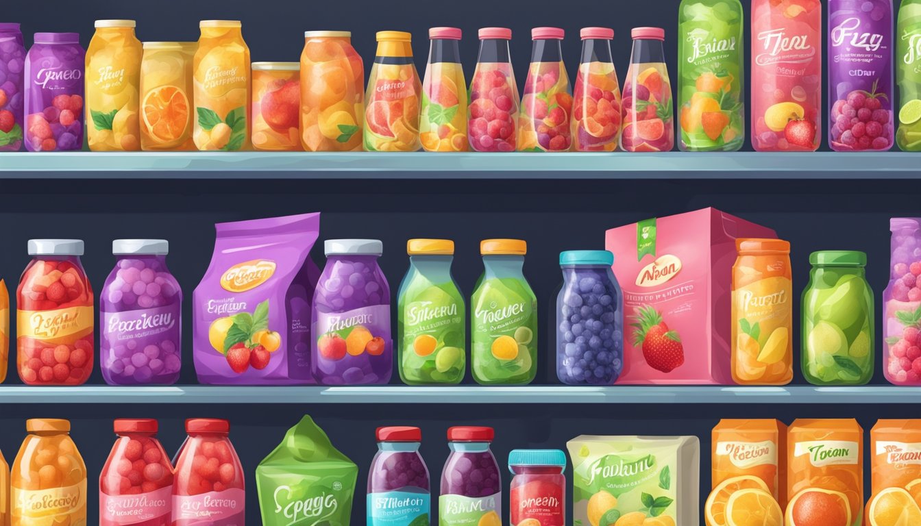 A colorful display of fizzy fruits in vibrant packaging, surrounded by other popular vegan products on a grocery store shelf