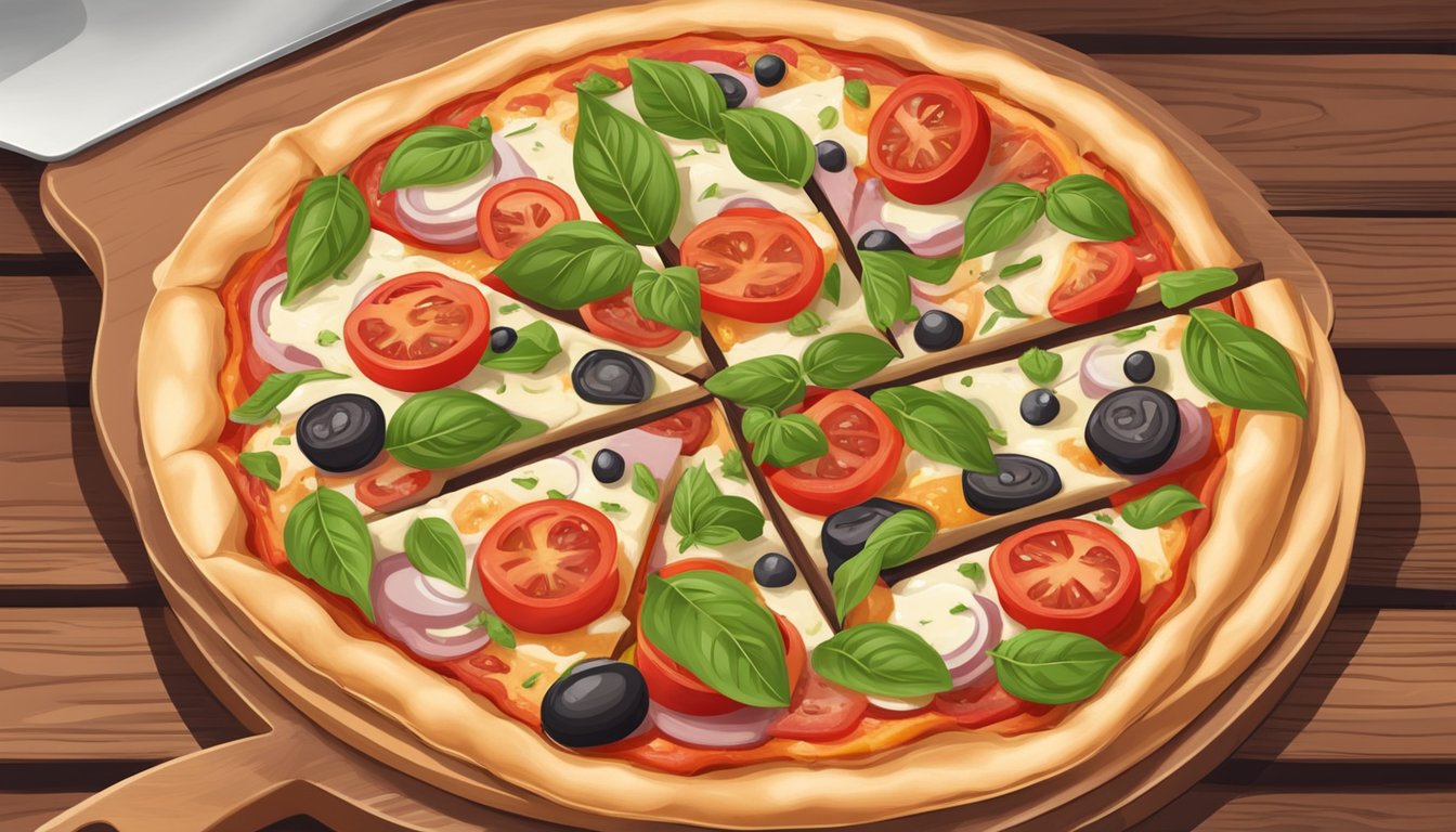 A colorful neapolitan pizza with vegan cheese, fresh tomatoes, and basil on a wooden pizza peel