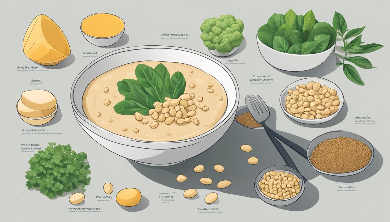 A bowl of soy protein isolate surrounded by various plant-based foods and a nutrition label