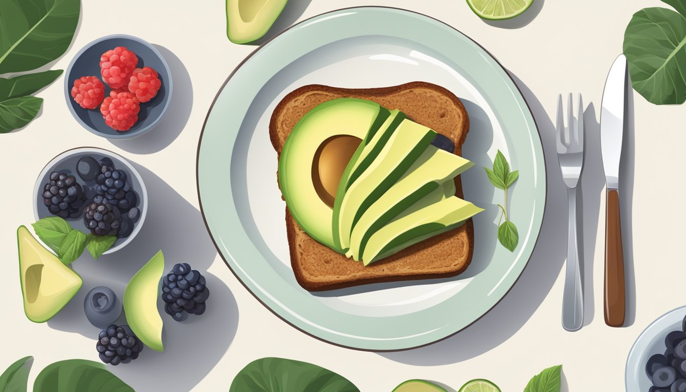 A plate with whole grain toast topped with sliced avocado, accompanied by a glass of water and a bowl of fresh berries