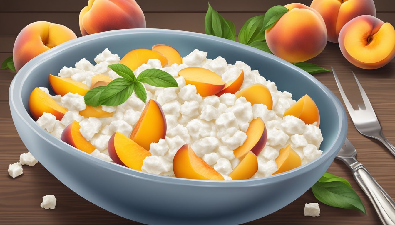 A bowl of cottage cheese topped with sliced peaches on a wooden table