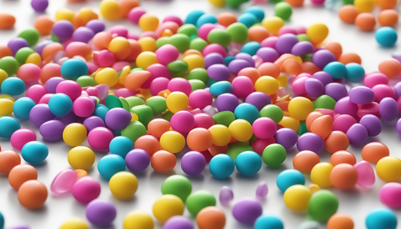 A pile of candy necklaces made of colorful, sugary beads, arranged on a clean, white surface