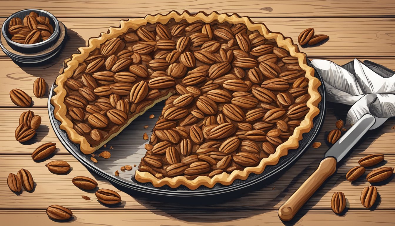 A pecan pie sits on a rustic wooden table, surrounded by scattered pecans and a rolling pin. The flaky, golden crust is perfectly crimped