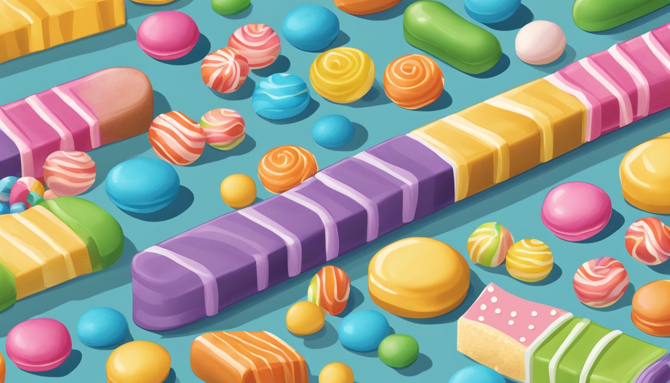 A conveyor belt carries colorful candy necklaces past a "vegan" label. Ingredients are displayed nearby