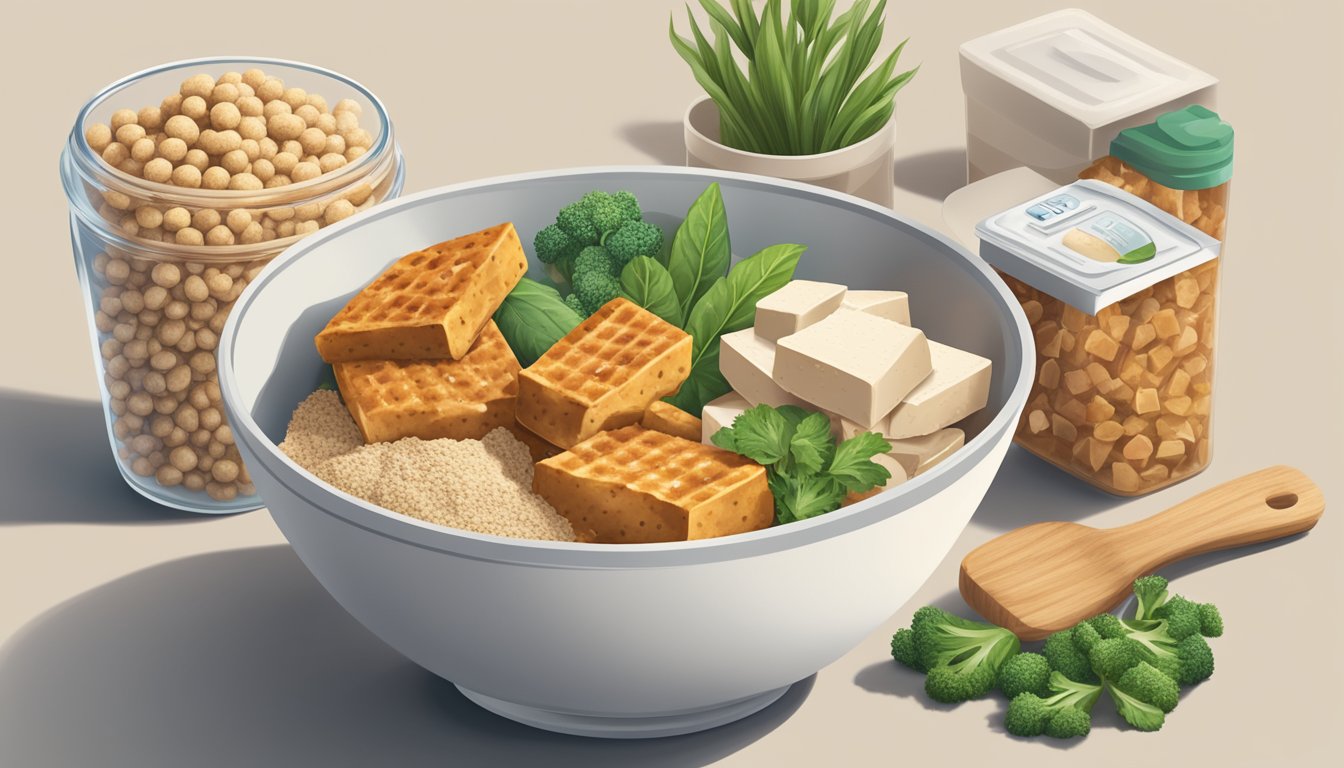 A bowl of various food products, including tofu, tempeh, and plant-based meat alternatives, with a prominent container of soy protein isolate powder