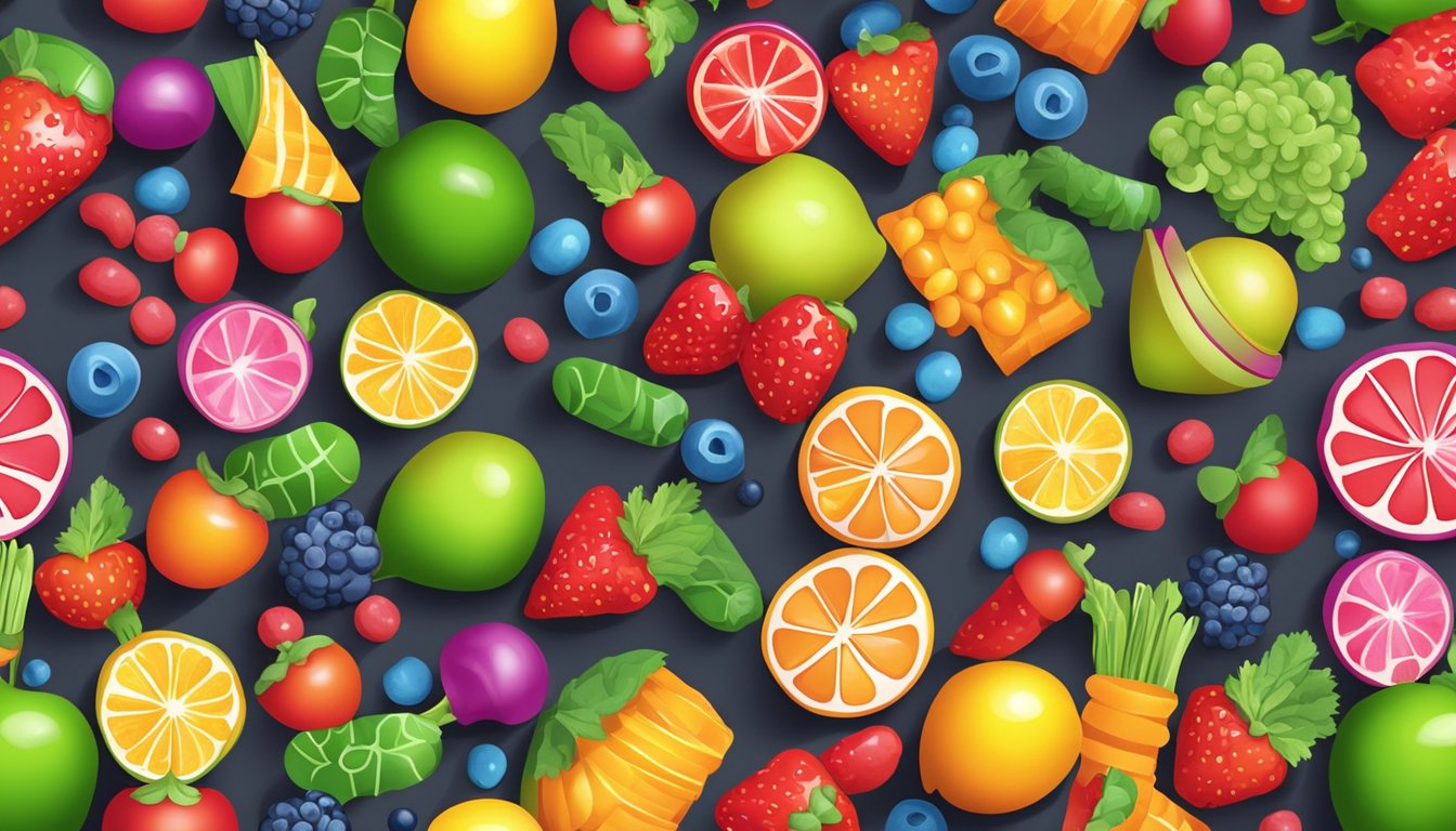 A colorful candy necklace surrounded by fresh fruits and vegetables