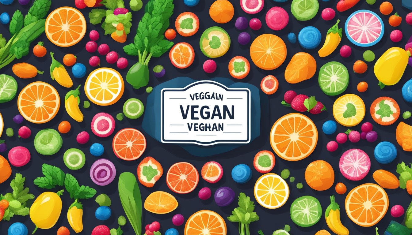 A colorful candy necklace surrounded by various fruits and vegetables, with a prominent vegan certification label