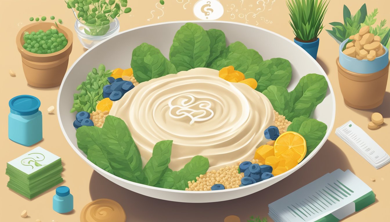 A bowl of soy protein isolate surrounded by question marks and plant-based ingredients, with a debate bubble overhead