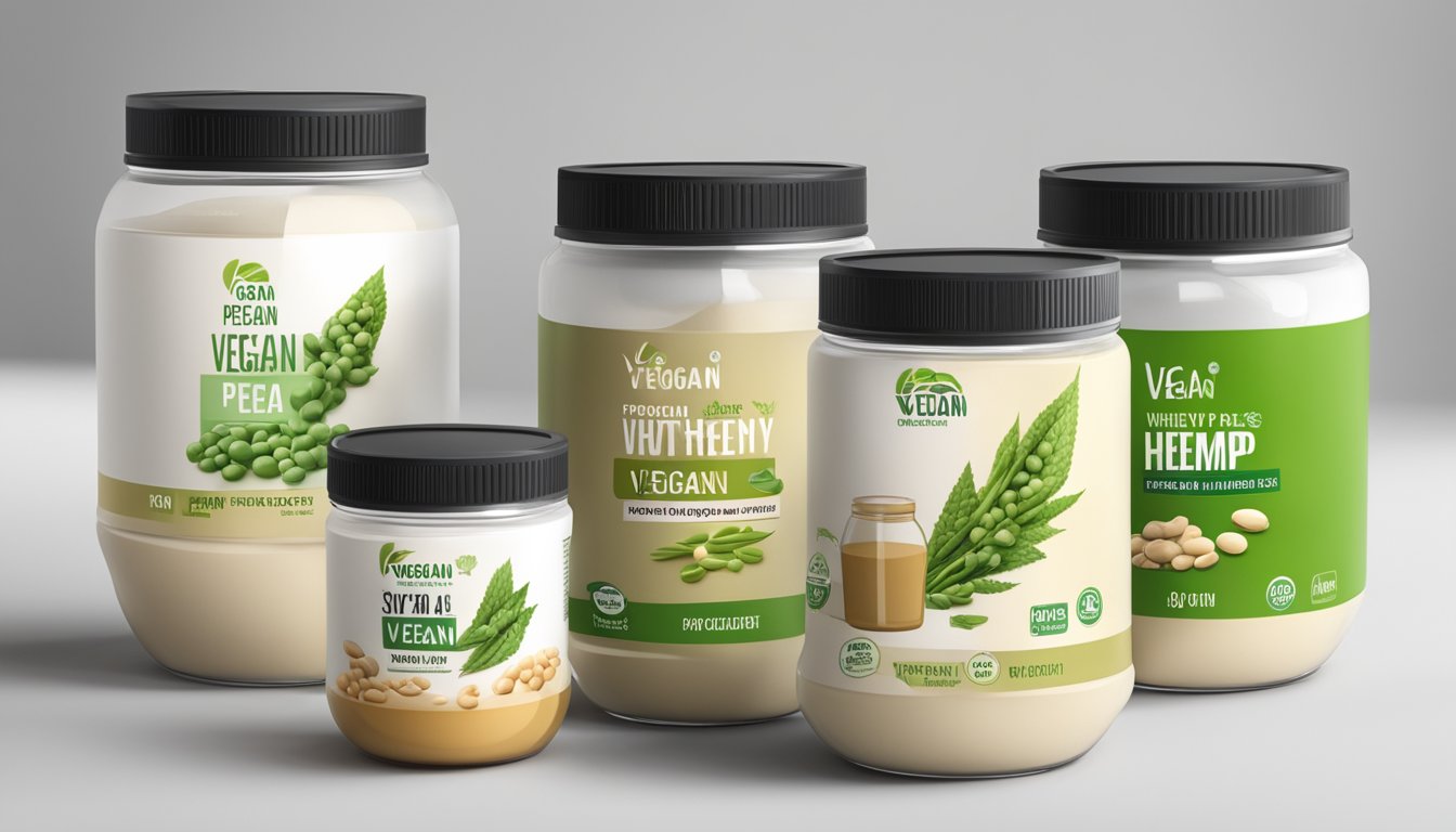 A table with various protein sources - soy, pea, whey, and hemp - displayed in separate containers, with a "vegan" label on the soy protein isolate