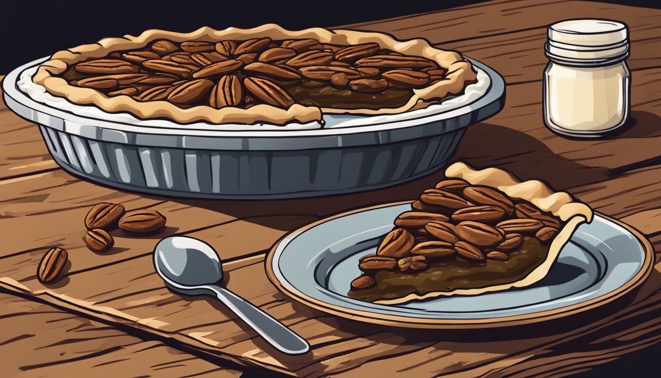 A pecan pie sits on a rustic wooden table, surrounded by a scattering of whole pecans and a dollop of whipped cream. A glass pie dish and a small container of vegan butter sit nearby