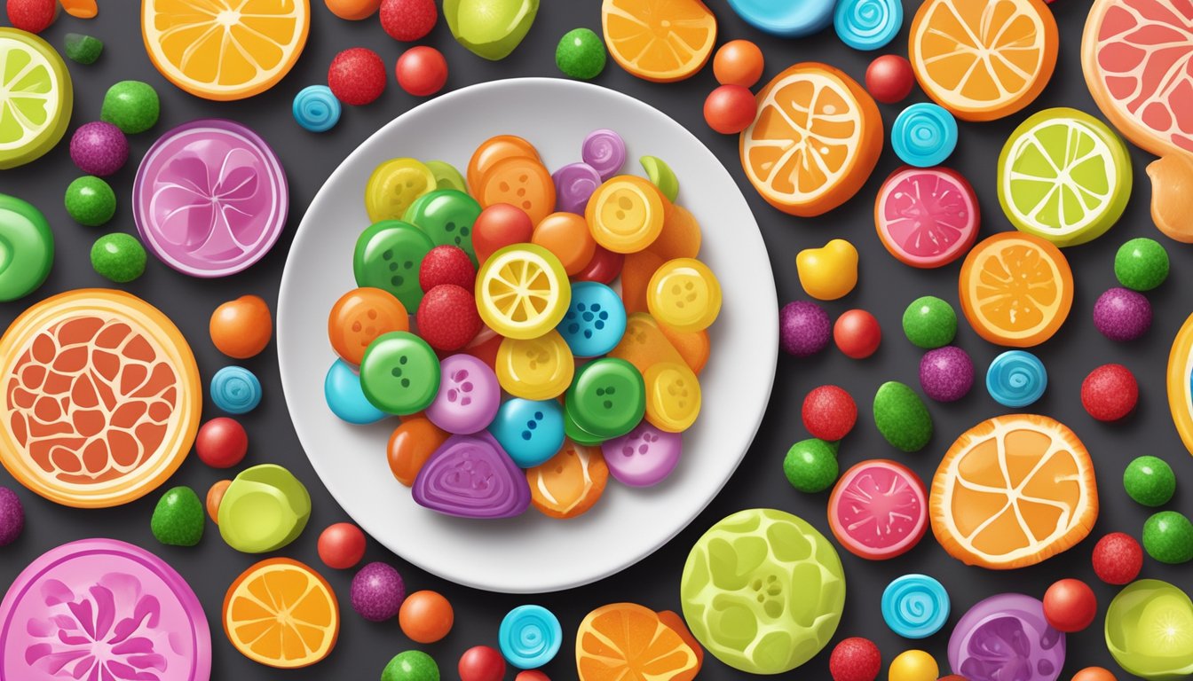 A colorful array of candy buttons sits on a white plate, surrounded by vibrant fruits and vegetables