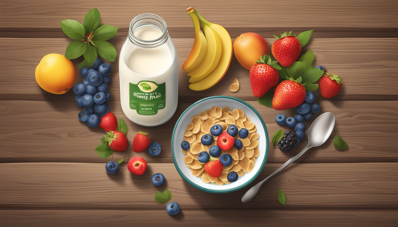 A bowl of Nature's Path Organic Smart Bran cereal surrounded by fresh fruits and a glass of milk on a wooden table