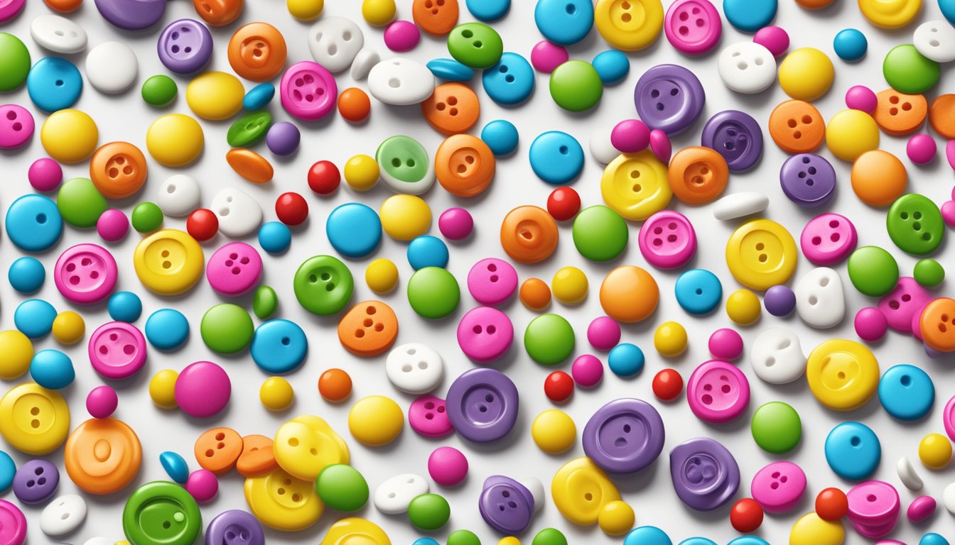 A colorful assortment of candy buttons scattered on a clean, white surface