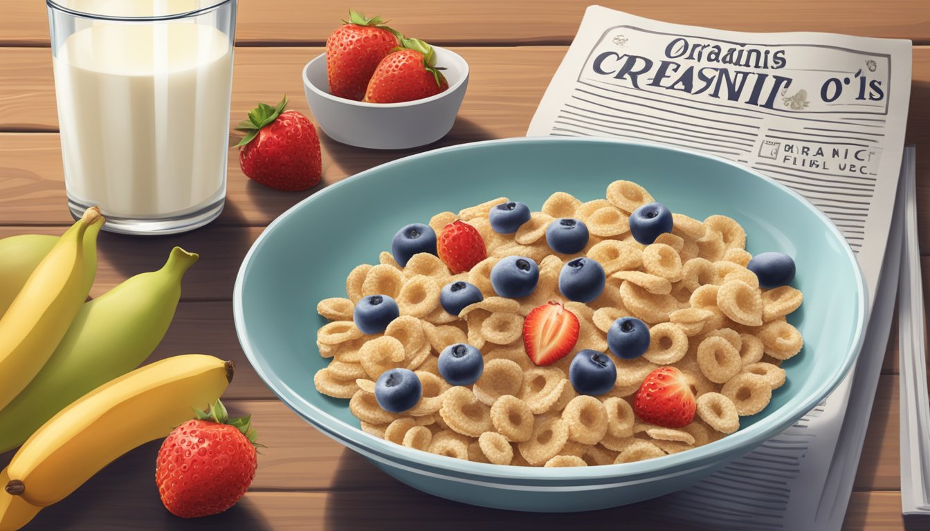 A bowl of Cascadian Farm Organic Purely O's cereal with a glass of milk on a wooden table, surrounded by fresh fruits and a morning newspaper