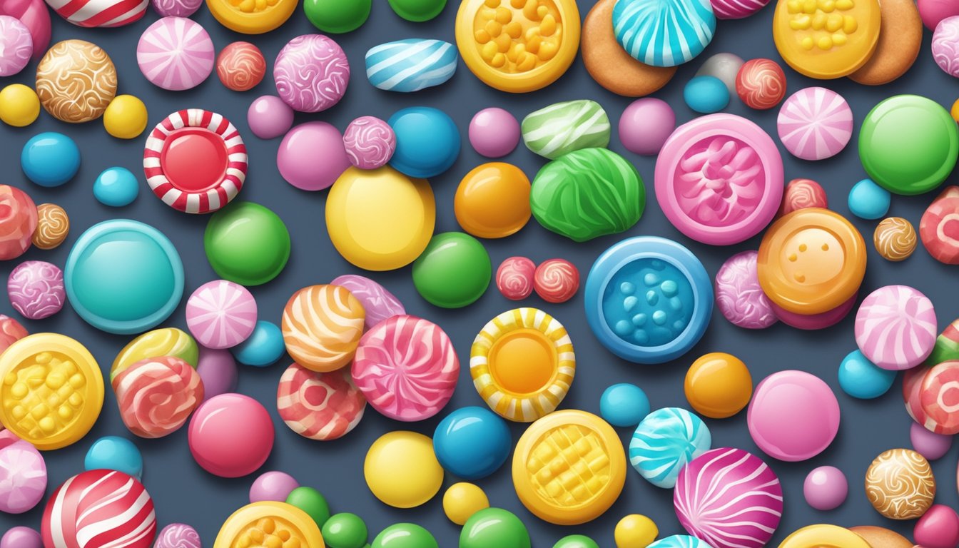 A colorful display of candy buttons in a market, with various flavors and vibrant packaging