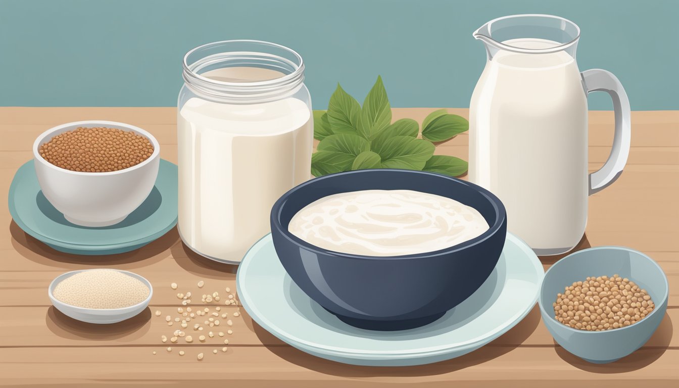 A table with a variety of non-dairy alternatives such as almond milk, coconut milk, and soy milk next to a plate of buckwheat dishes