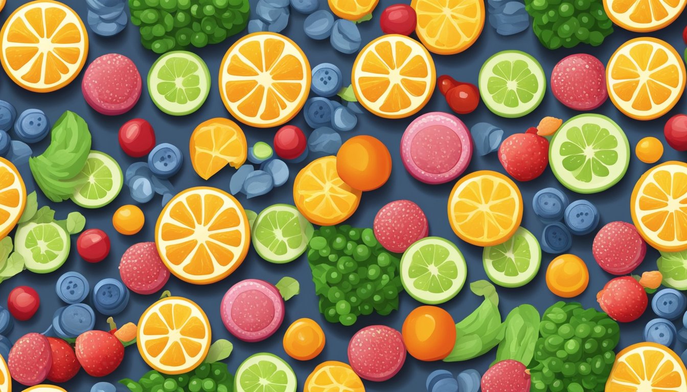 A plate of candy buttons surrounded by various fruits and vegetables