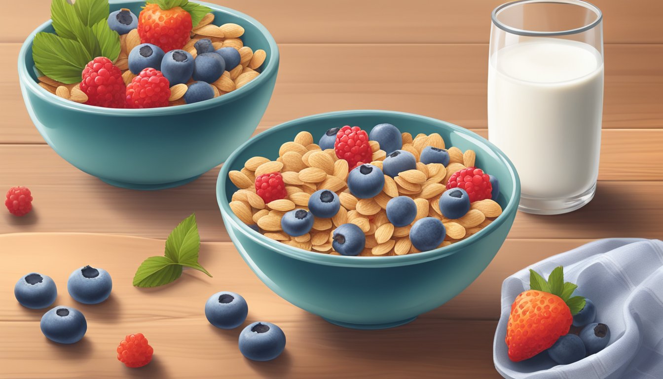 A colorful bowl of Barbara's Puffins Original cereal surrounded by fresh berries and a glass of almond milk on a wooden breakfast table