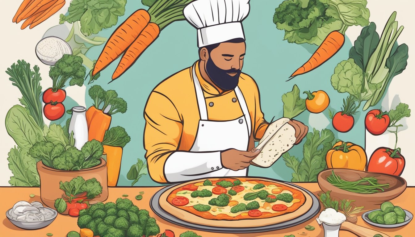 A chef prepares a vegan pizza crust with colorful vegetables and plant-based cheese, while avoiding any animal products like buffalo chicken